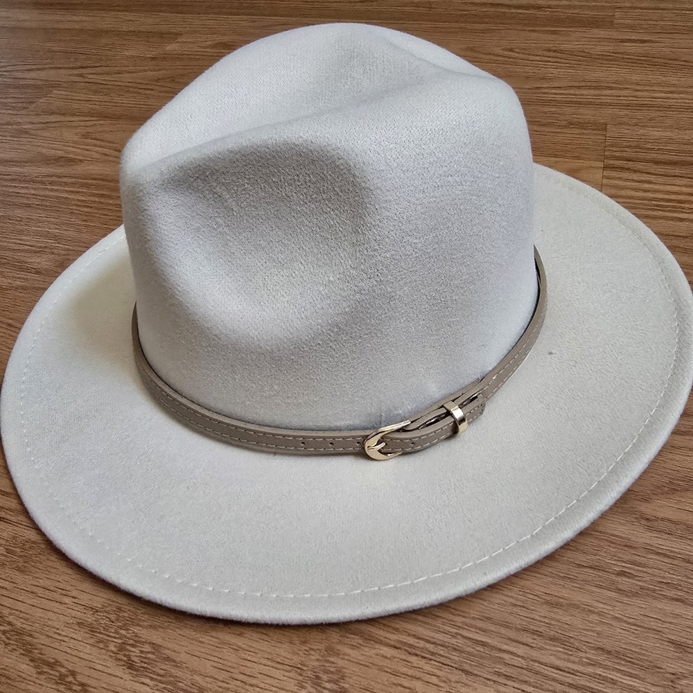 Men Women Unisex Tan Wide Brim Fedora Felt Hat 7" Belt Buckle Accent Cotton Poly